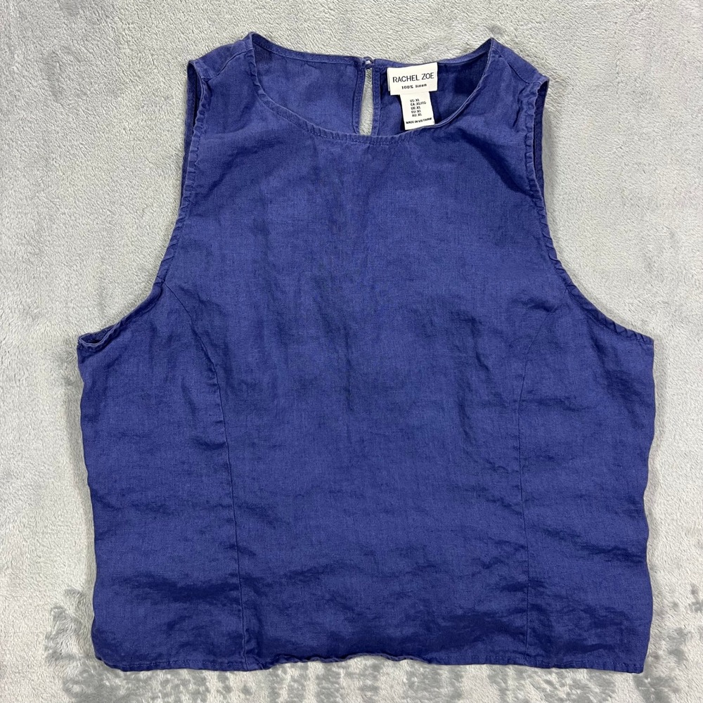 RACHEL ZOE Linen Sleeveless Top Womens XL Blue Smocked Back Ruffle Chic